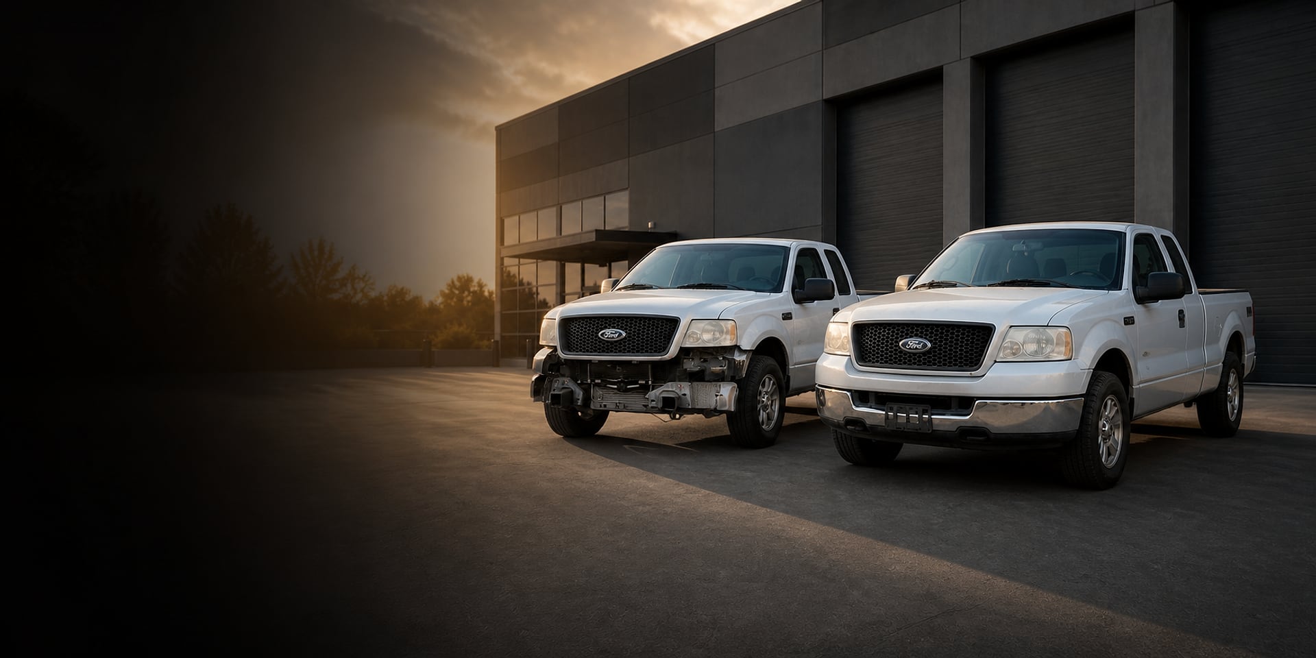 The same light-colored Ford F-150 shown beside itself with the bumper removed and reassembled