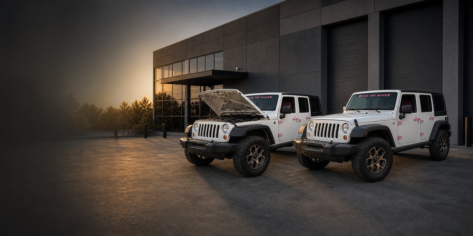 The same white Jeep Wrangler shown beside itself during inspection and after reassembly