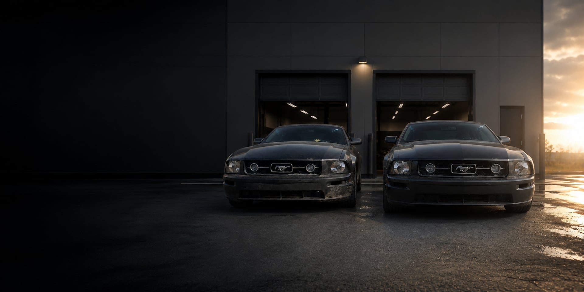 The same black Ford Mustang shown beside itself in damaged and repaired front-end states